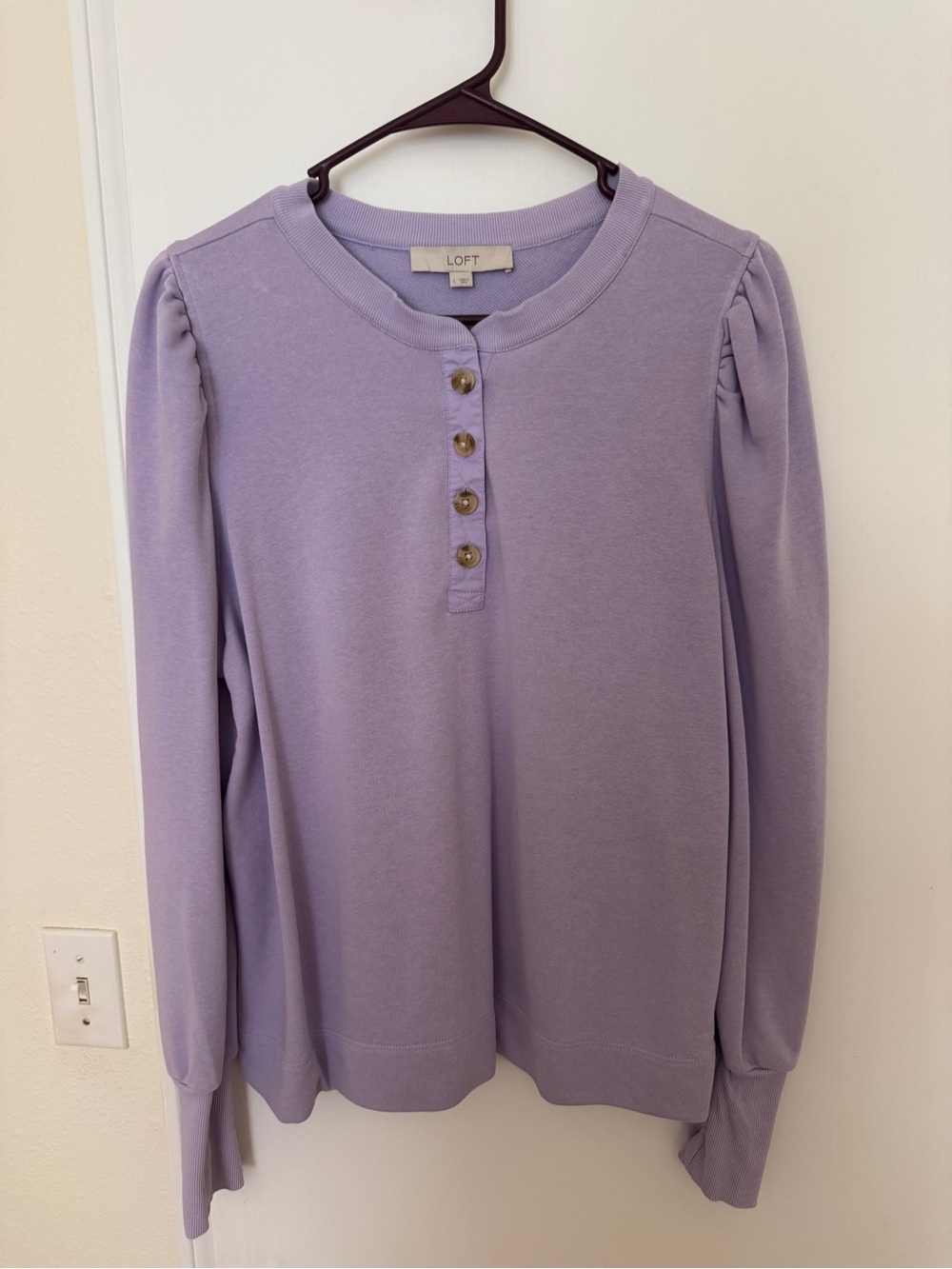 EUC LOFT Long Sleeve Lavender Top w/Half Button Down and Puff Sleeve Detail